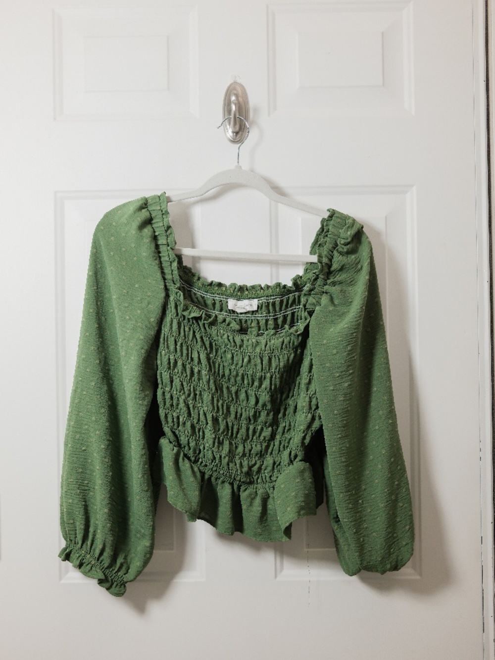Treasure & Bond Green Smocked Crop Top XL Long Sleeve Peplum Blouse